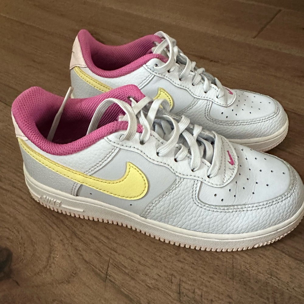 Nike White Sneakers with Pink Interior and Yellow Swoosh
